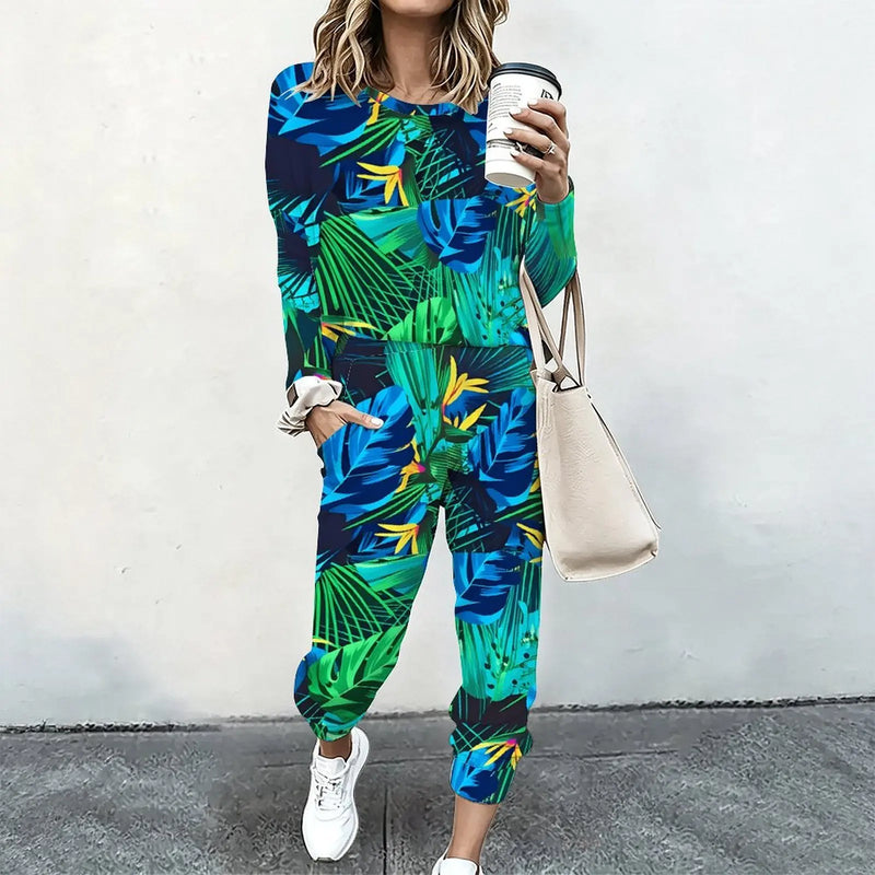 Women 2 Piece Tracksuit Set Print Long Sleeve Crew Neck Top And Jogger Pants Casual Streetwear Outfit With Pockets