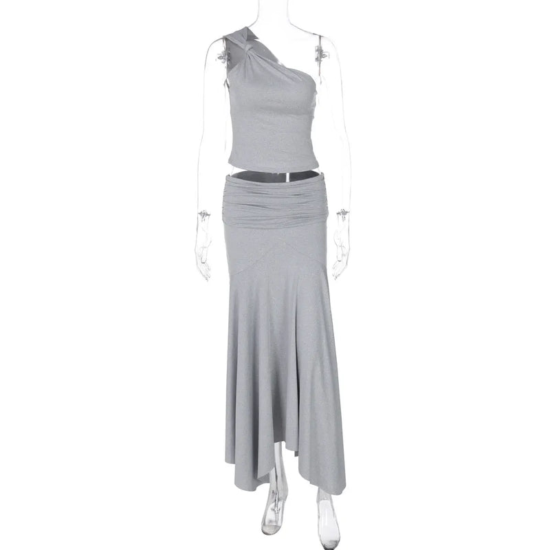 Tossy Fashion Pleated 2 Piece-Set Long Skirt For Women Off-Shoulder Cropped Pullover Top And Slim Long Skirt Sets Female Outfits