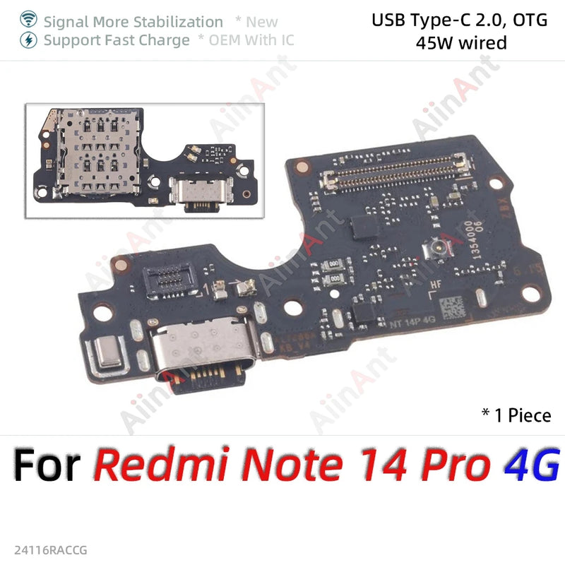 Bottom USB Charger Board Dock Connector Charging Port Flex Cable For Xiaomi Redmi Note 13 14 13C 14C 14R 13R Pro Plus 4G 5G Part