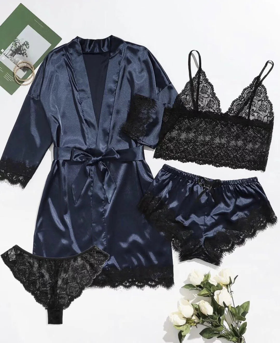 /Set Lace Satin Pajama with Robe - Cami Top & Shorts | SAMAG