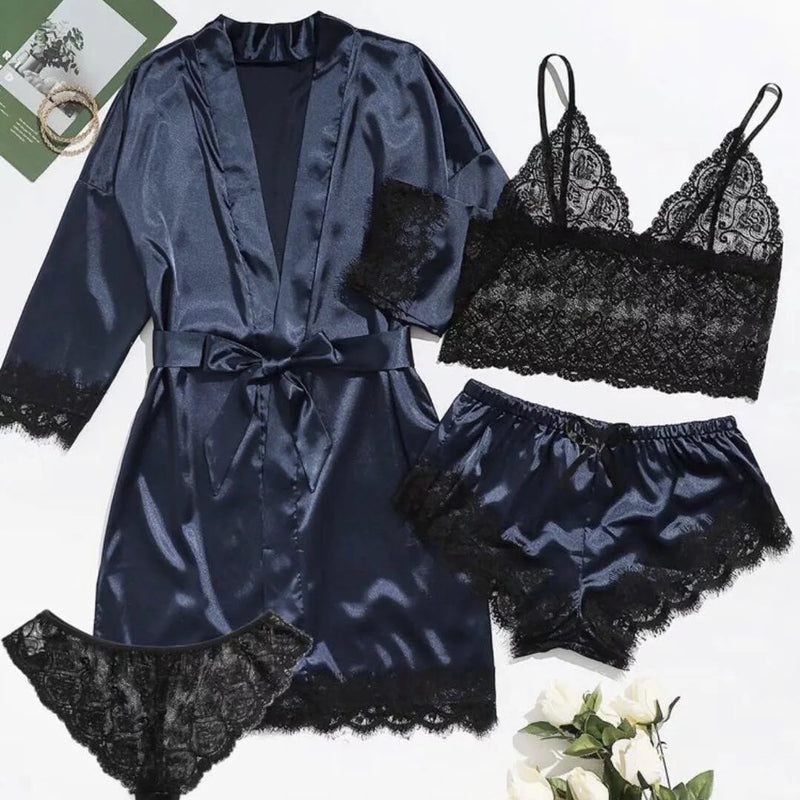 /Set Lace Satin Pajama with Robe - Cami Top & Shorts | SAMAG