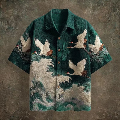 New Dark Green Embossed Pattern Fabric with Flying Crane | SAMAG