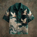 New Dark Green Embossed Pattern Fabric with Flying Crane | SAMAG