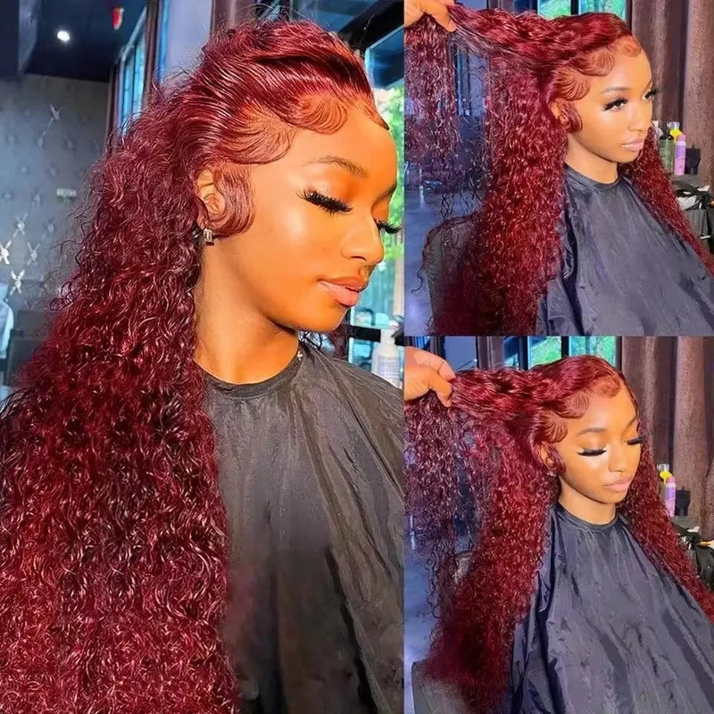 30 Inch 99J Deep Wave Lace Front Wig 13x6 Human Hair Lace Frontal Wig Colored Curly Human Hair Wigs 250 Density