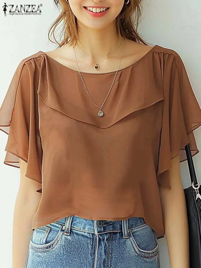 ZANZEA Summer Women Chiffon Blouse Elegant Ruffle Short | SAMAG