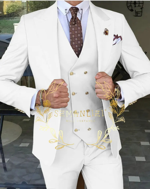 Beige Business Suits For Men Tuxedos Gold Buttons Groom Groomsman Prom Wedding Party Formal 3 Pieces Sets - View 3 | SAMAG