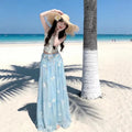 Women Summer 2 Piece Skirt Set Floral Embroidery Lace Corset Top Tiered Maxi Beach Vacation Holiday Outfit