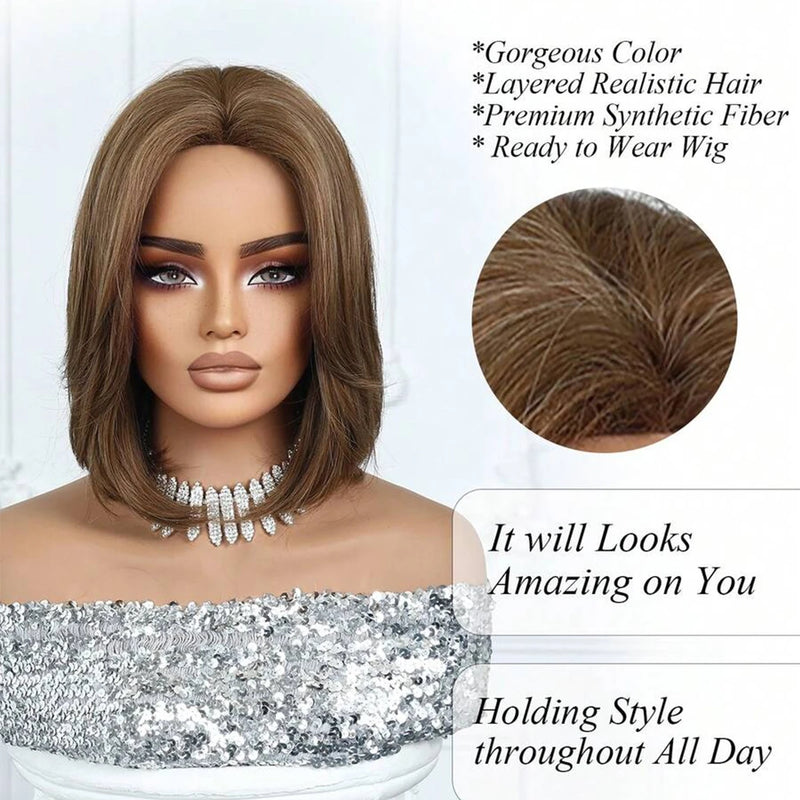EASIHAIR Short Straight Bob Hair Synthetic Wigs for Women Brown Straight Natural Wigs with Eight Character Bangs Daily Cosplay