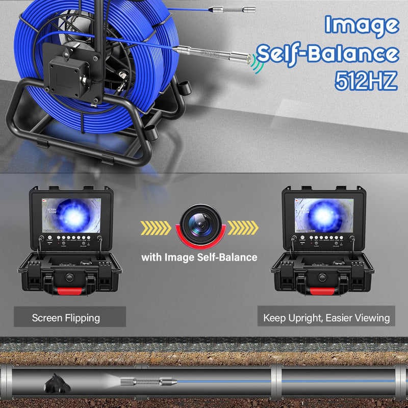 Sewer Pipe Inspection Camera 9“ IPS +Dual-Lens 1080P Sewer Camera +Meter Counter+5/7MM Fiberglass Cable+512HZ Self-leveling