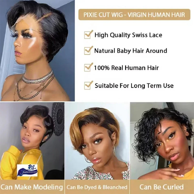 Burmese Hair Side Part Pixie Cut Straight Wigs Short Bob Hair Wig 100% Human Hair 13x4 Lace Front Human Hair Wigs Natural Color