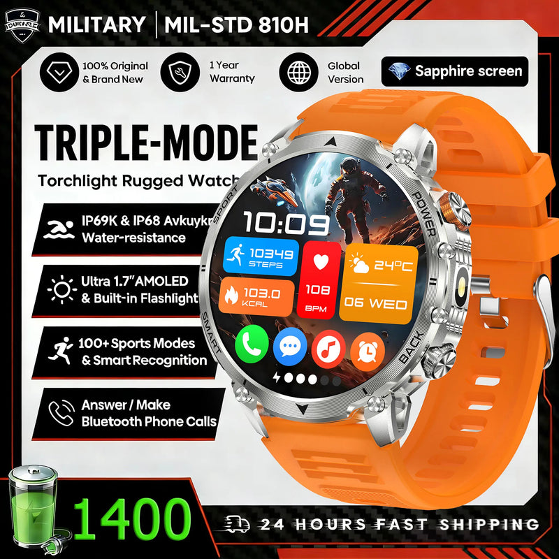 Hot New 1400mAh Big Battery Smart Watch Men Outdoor Flashlight IP68 Waterproof Bluetooth Call AMOLED Military Sports Smartwatch