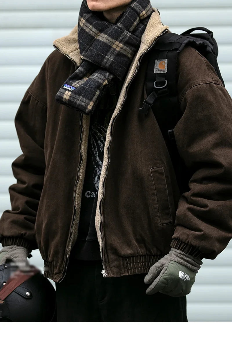 Mens Japanese Vintage Polar Fleece Jacket Winter Thick Warm Coat Korean Streetwear Loose Oversized