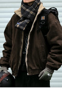 Mens Japanese Vintage Polar Fleece Jacket Winter Thick Warm Coat Korean Streetwear Loose Oversized