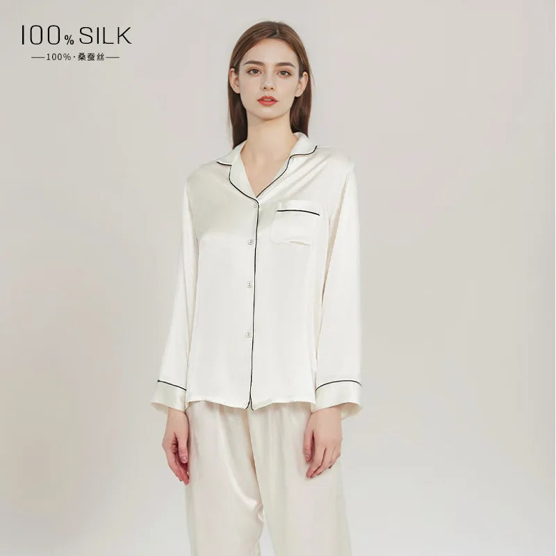 2025 Summer New Silk Pajamas Women's Long Sleeve Pants Lapel 100% Mulberry Silk Cool Home Clothes Set Pajamas Nightwear
