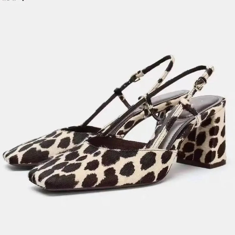 Women's Summer New Product Leopard Pattern Square Head Shallow Mouth Thick Heel Square Head Retro Versatile High Heels
