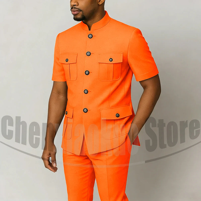 Men's Grey Mandarin Collar Suit Set Short Sleeves Multi-Pocket Jacket and Trousers Fashion Formal Smart Casual Wedding Suits