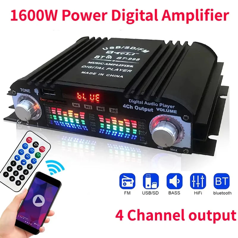 HiFi Sound Amplifier 4 Channel Digital Audio Bluetooth Amplifier Power Karaoke Player FM Radio Support Remote Control