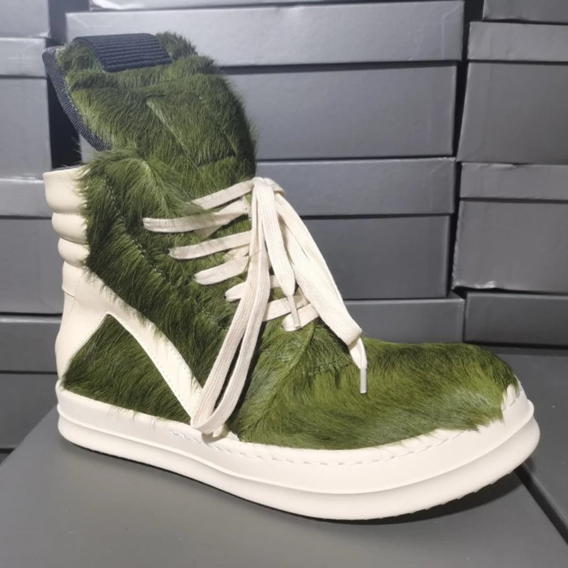 Ro Luxury Men Ankle Boot Black Horsehair Boots Women Sneaker Horse Hair High Top Shoe  Casual Shoes Zipper Sneakers