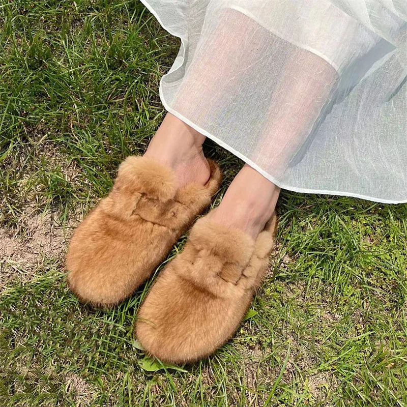 Women's Mules and Clogs Fuzzy Mink Fur Slippers with Arch Support Outdoor Women Shoe Closed Toe Nonslip Comwarm Clog Shoes Woman