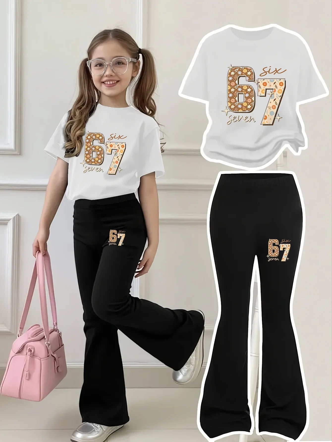 Girls' Casual Short-Sleeve Set: Regular Short-Sleeve Top + Black Flared Pants Two-Piece Set with 67 Number + Six Seven Print, Fashionable and Trendy, Suitable for Girls Aged 4-12, Versatile Clothing