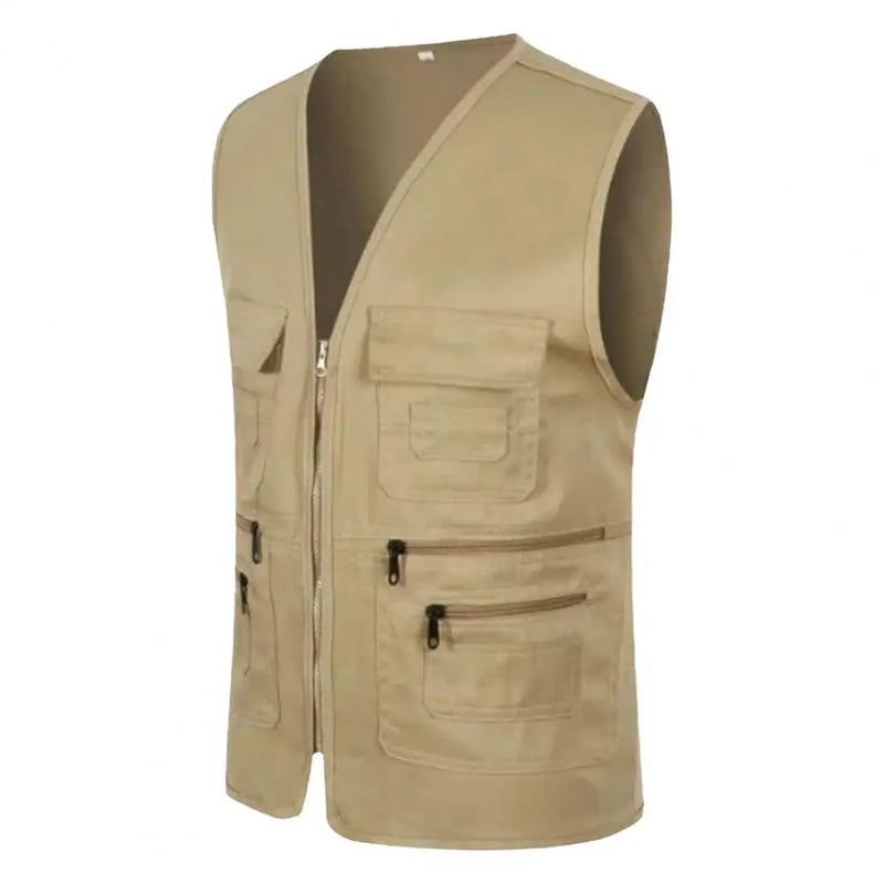 Men Vest JacketMultiple Pockets Zipper Sleeveless Fishing Waistcoat Camping Work Clothes V Neck Outdoor Waistcoat Volunteer Vest