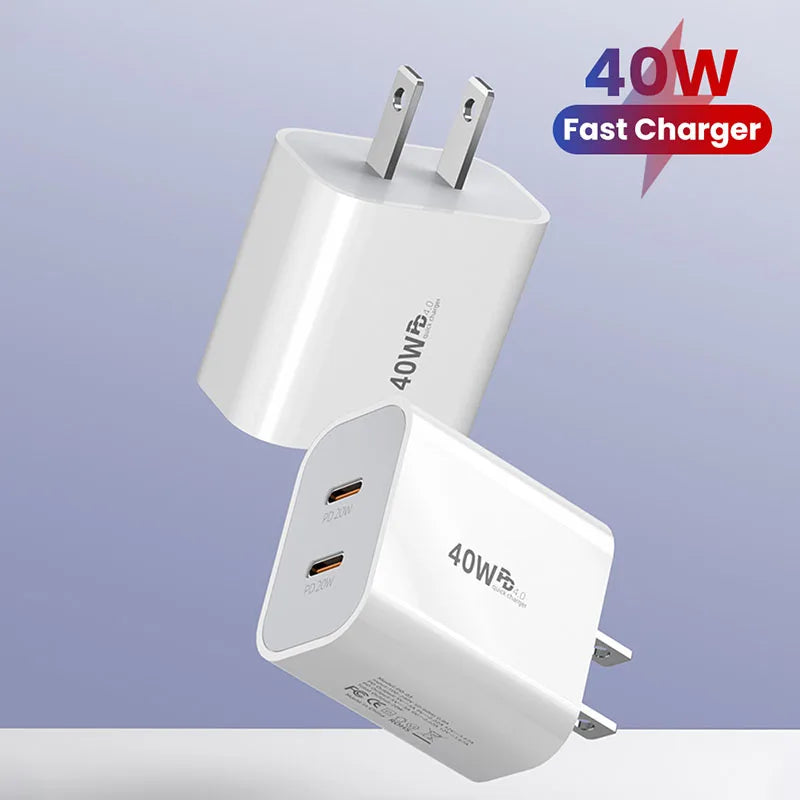 40W Fast Charger Type C Dual Port PD Fast Charging Charger Adapter For iPhone 15 14 Samsung S23 Xiaomi 10A USB C To USB C Cable