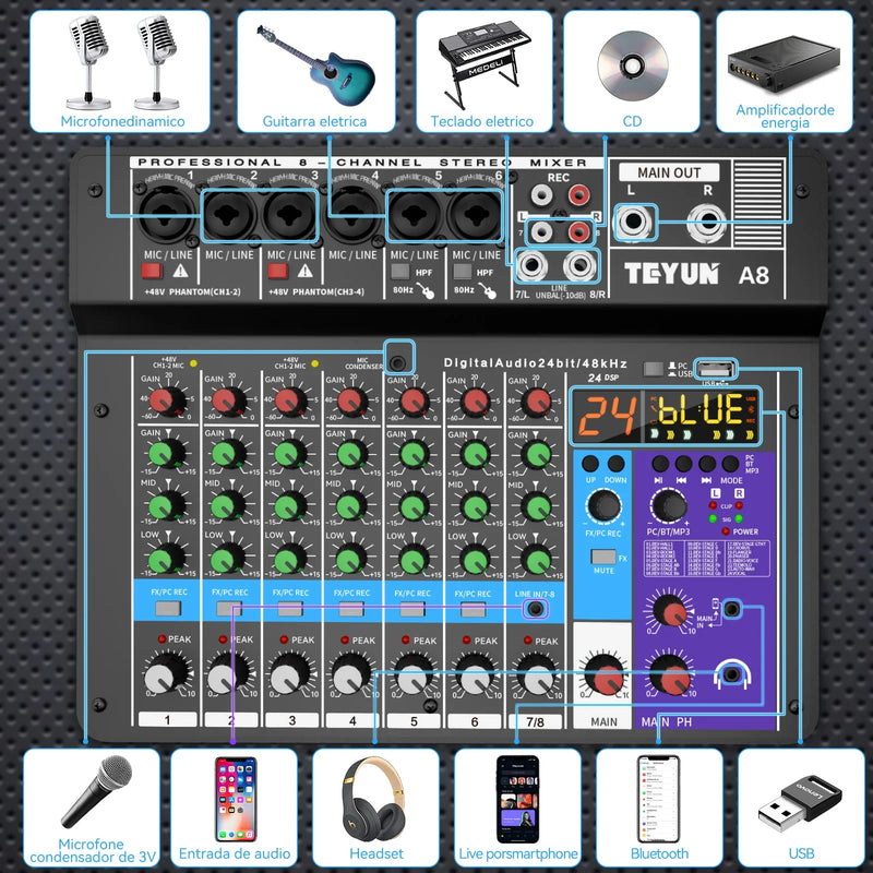 TEYUN 8 Channel Audio Mixer Professional Portable DJ Mixer Sound Table Board Digital MP3 Computer Input 48v Power Number A6 A8