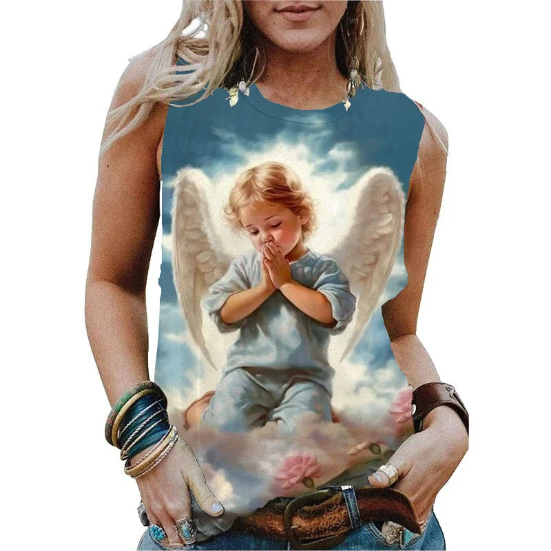 New Cute Angel Baby 3D Print Tank Tops Women Summer O-Neck Casual Vest Off Shoulder Y2k Sleeveless Top Camisole Woman Clothing