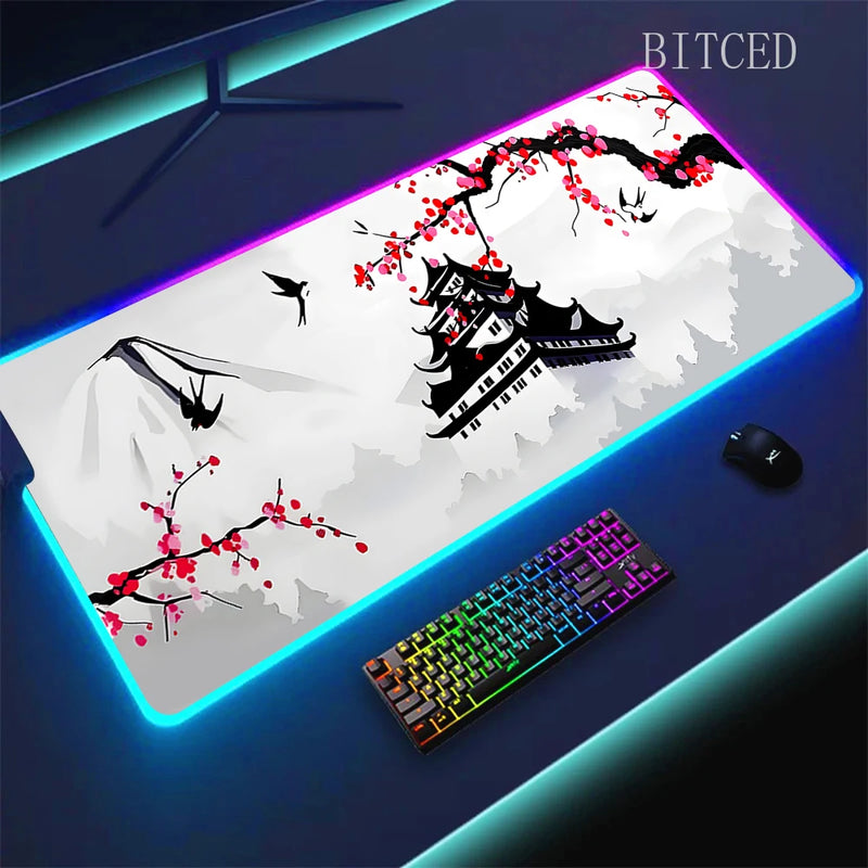 RGB Sakura Scenery  Mousepad Japan Cherry Blossom Gaming Non-slip Table Pad Glowing Keyboard Mouse Pad Laptop Mat With Backlight
