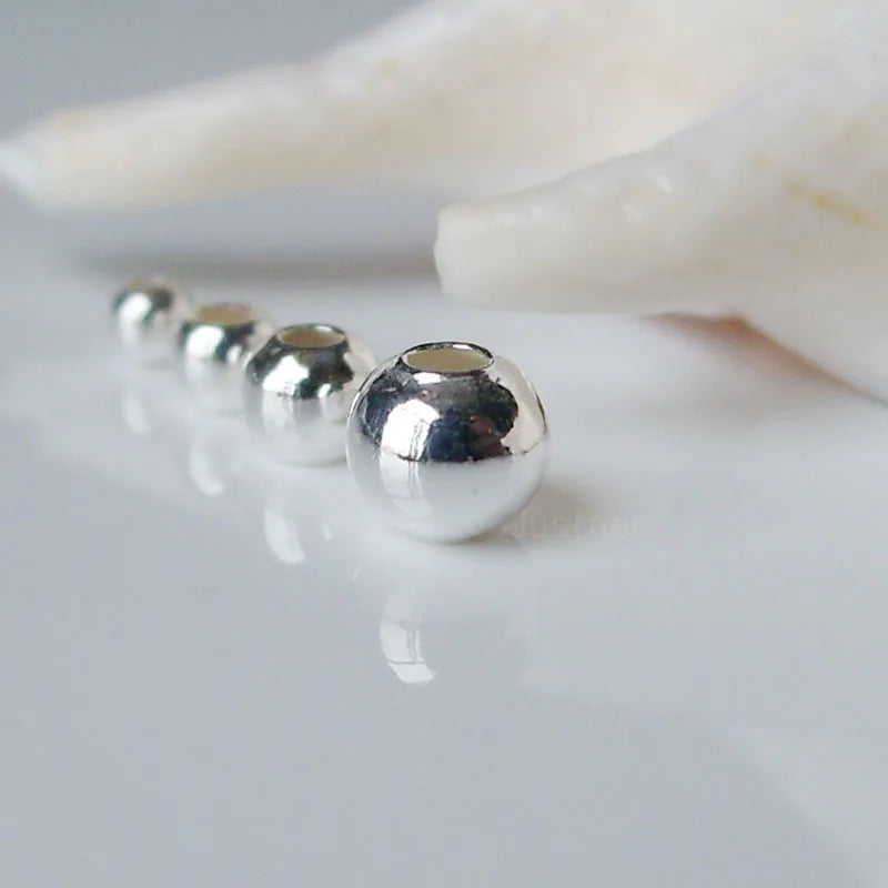 Solid 925 Sterling Silver Beads Seamless Round Spacer Loose Ball, Jewelry DIY Findings