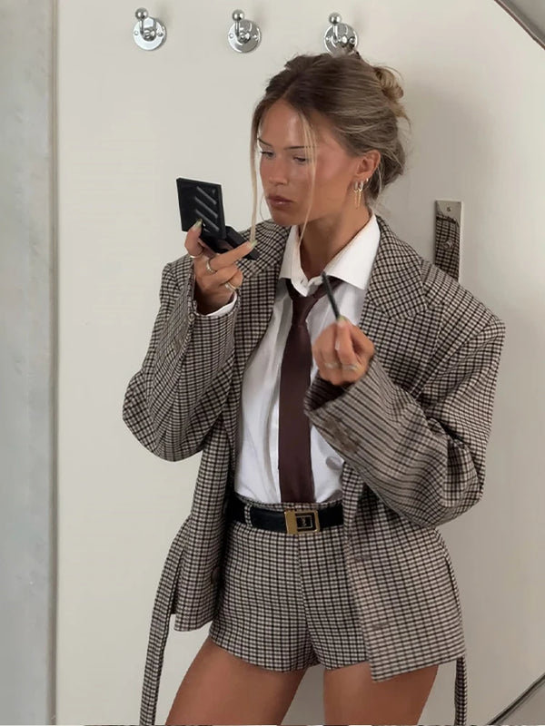 Plaid Shoulder Pad Jacket Shorts Set Casual Stand Collar Full Sleeve Belted Buttons Blazer Suit Office Lady Daily Street Outfits