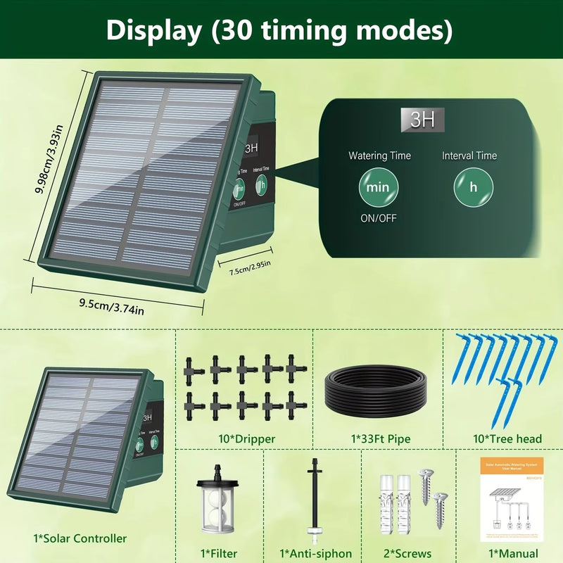 Solar Irrigation System with 300 Watering Programmes, DIY Watering System Kit with 10M Hose 10*Drip Tips&1*anti-siphon etc, Suitable for Indoor Outdoor, Potted Plants/Vegetables/Fruit Trees