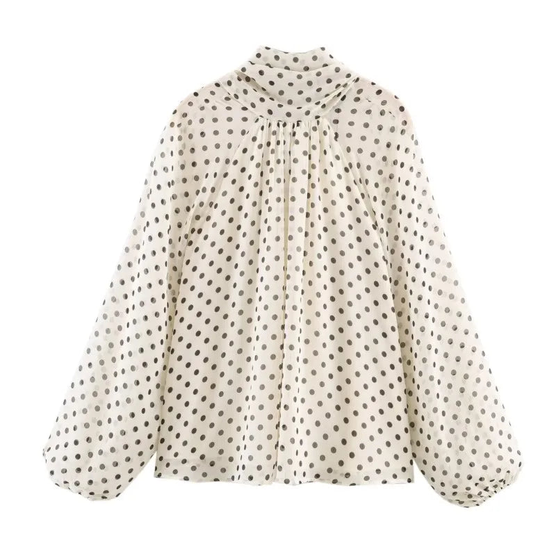 Women Polka Dot Print Blouse Casual High Collar Long - View 4 | SAMAG