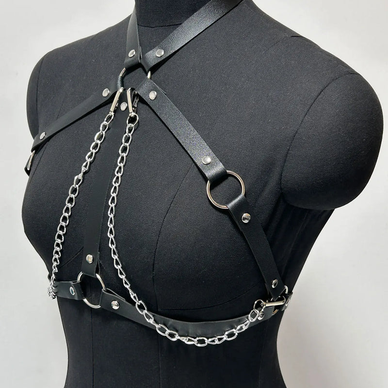 Women Fashion Full Body Chain Leather Waist Belt and Thigh Garter Set, Punk Gothic Metal Chain Suspenders for Festival Cosplay