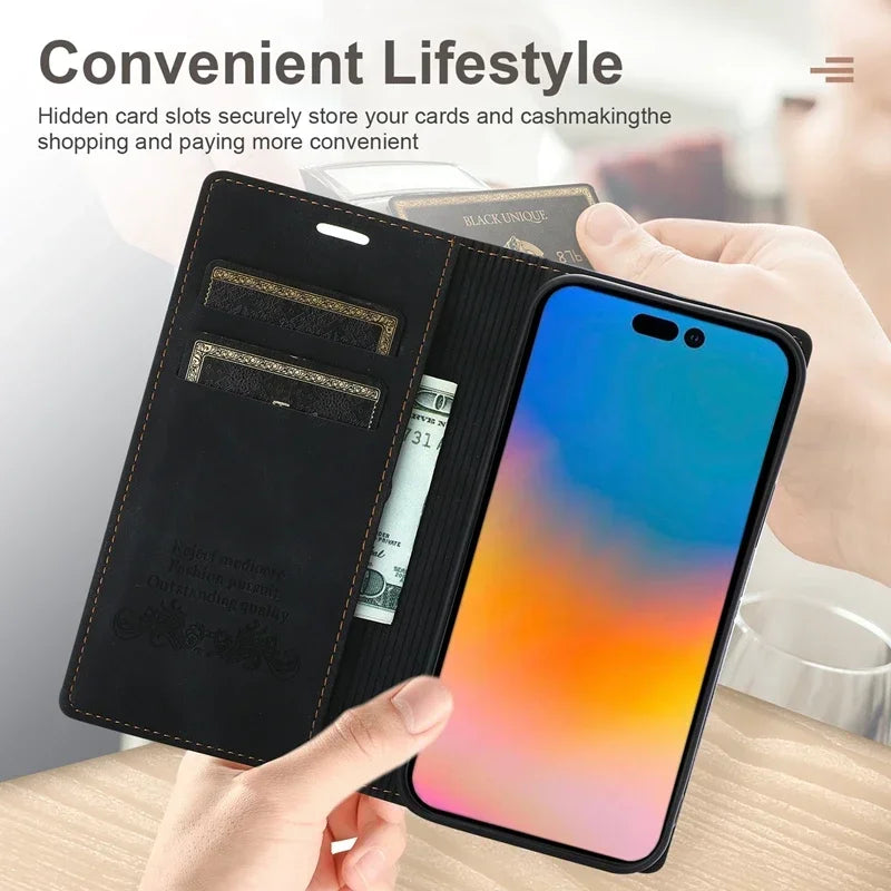 Wallet Flap Skin Feel Magnetic Leather Cover For iPhone 16 Pro Max 15 Plus 14 13 Mini 12 11 SE4/2025 SE3/2022 X XR XS Max 8 7