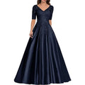 A Line Women Evening Dresses Satin Appliques V Neck Prom | SAMAG