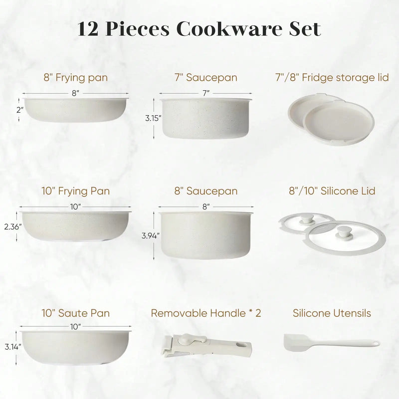 Pots And Pans Set Modern Minimalist Nonstick Cookware Set Beige Granite Coating Creamy White 12 Pcs Stackable Induction Cookware With Detachable Handle Oven Safe Space Saving For Kitchen RV Camping Cooking
