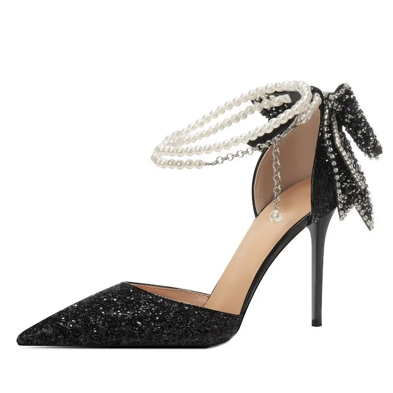 2024  French New Pointy Shallow Mouth Temperament Elegant Sequin Bow High Heels Women's Fine Heel Pearl Line with A Single Shoe