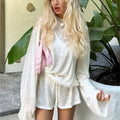 Tossy Casual White 2 Piece Set Women Summer Lounge Wear Loose Long Sleeve Pullover Top And High Waist Shorts Beach Outfits 2026