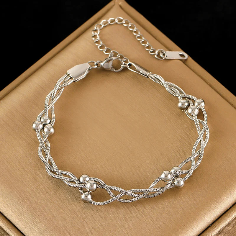 EILIECK 316L Stainless Steel Beads Wound Chain Bracelet for Women Charm Metal 18 K Plated Trendy Golden Unique Design Jewelry