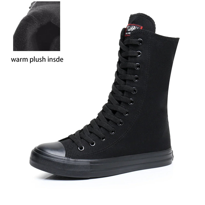 Boots Women Sneakers Canvas Casual High Top Shoes Long Boot Lace-Up Zipper Comfortable Flat Boot Sneakers Tenis Feminino