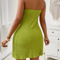 Women's Lime Green Strapless Textured Ruched Split Front Tube Top & Shorts Two Piece Set Spring Summer Casual Vacation Beach