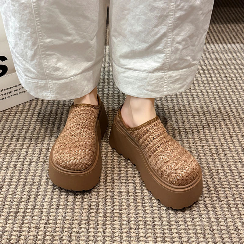 Women Ladies Summer Hollow Knit Mesh Chunky Wedge Heels Platform Round Toe Clogs Slides Casual Lazy Mules Sandals Slippers Shoes