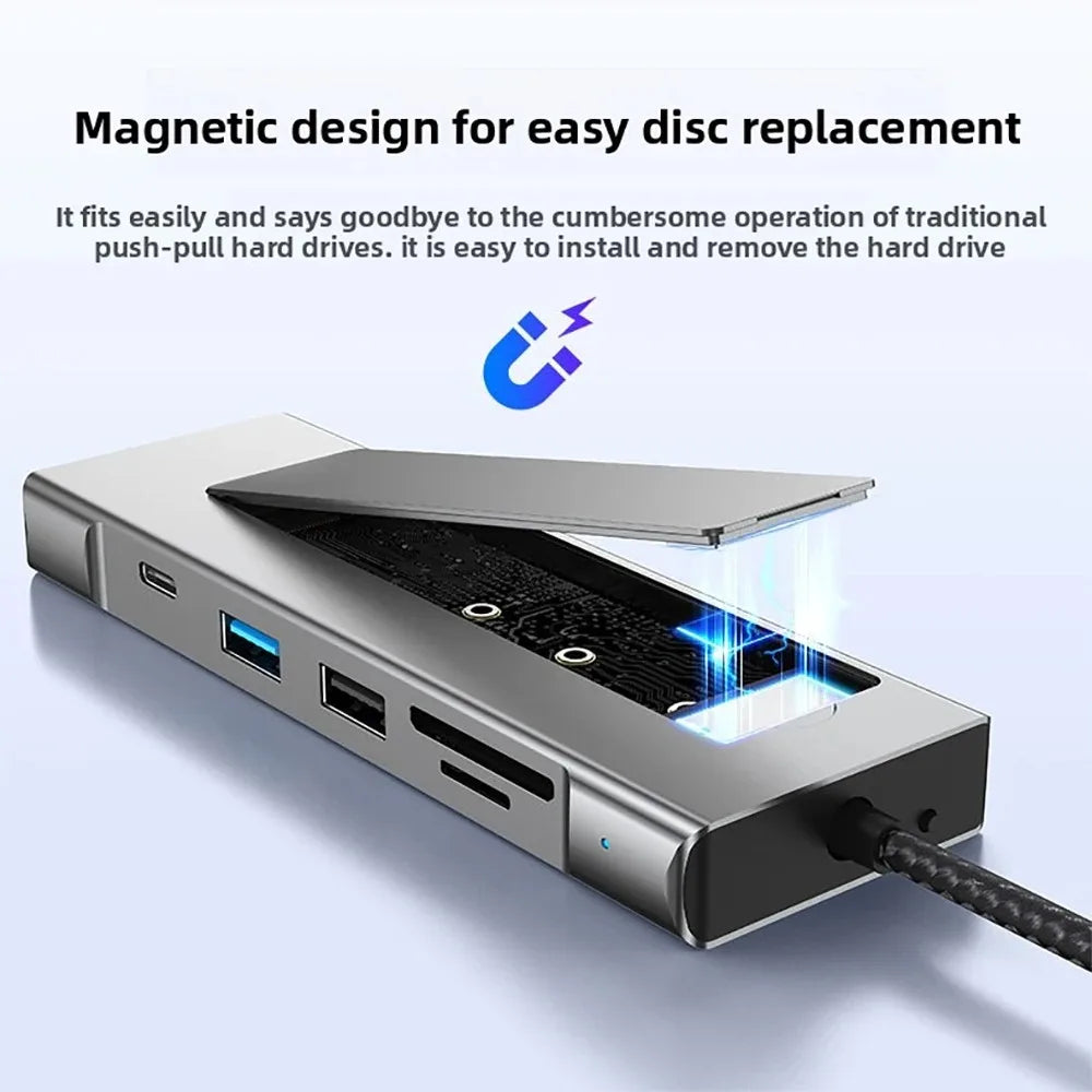 8-in-1 USB Hub M.2 NVMe SATA SSD Enclosure Storage USB3.2 Type-c to HDMI-Compatible Laptop Dock Station USB Adapter For Macbook