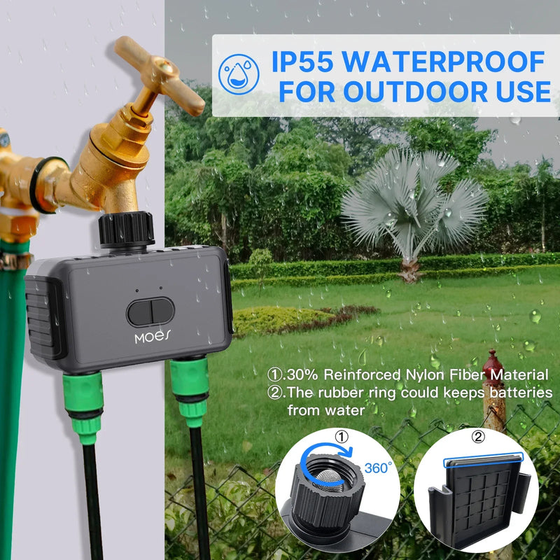 MOES Smart Bluetooth Valve Sprinkler Water Timer Auto Programmable Controller with 2-Way Rain Delay Filter Washer App Control