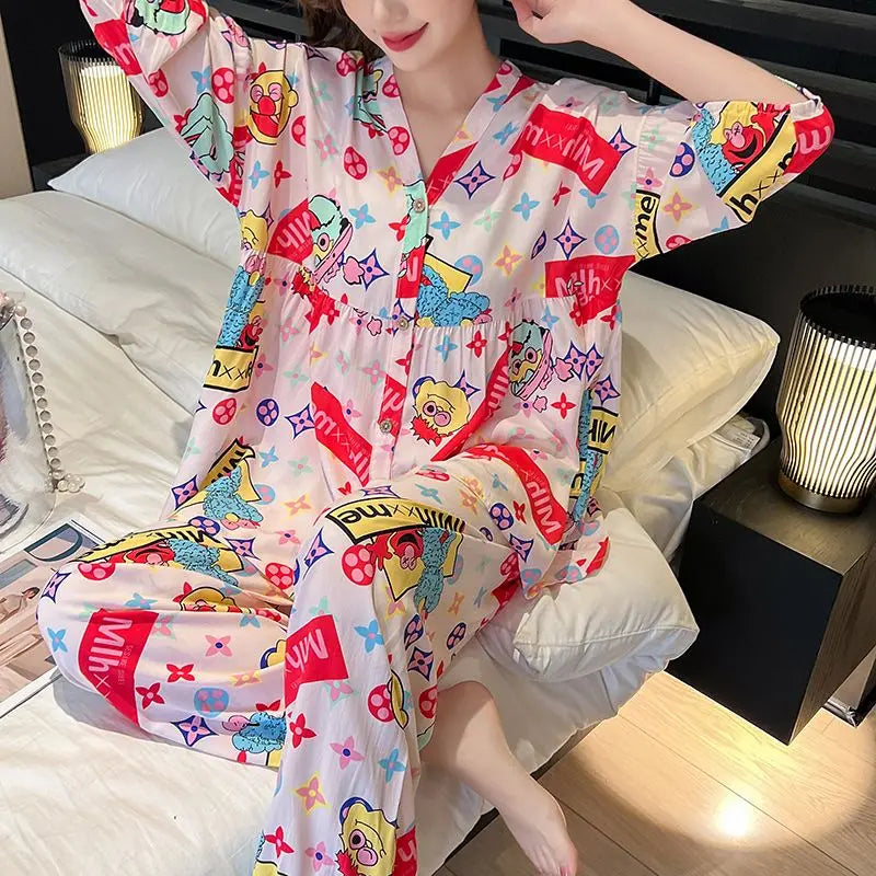 Cotton Sleepwear Big Size Cardigan Seven-minute Pants Two-piece Print Loungewear Pajama Sets Summer Nightwear Korean Fashion