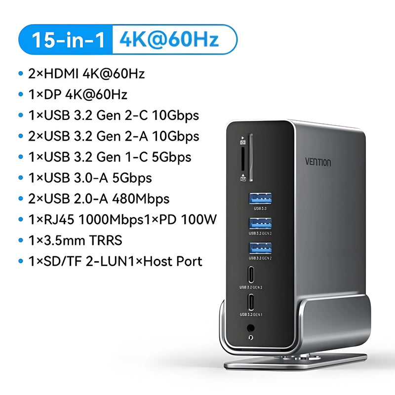 Vention 15-in-1 USB C Docking Station 4K@60Hz HDMI DP Triple Monitor  Hub USB 3.2 PD 100W Adapter for Windows MacBook HP Laptop