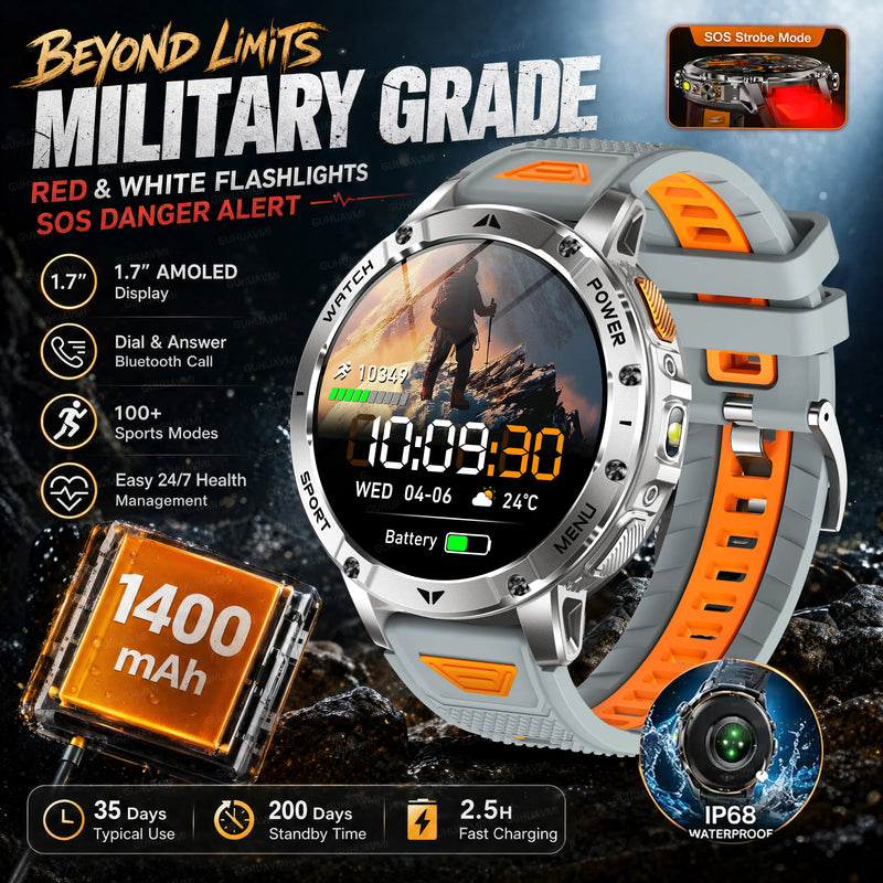 2026 New Military TANK 1400mAh Battery Smart Watch IP68 Waterproof LED Flashlight Heart Rate Sports tracker SOS Smart Watch Men