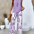 Women Casual 2 Piece Outfit Sleeveless Tank Top + Leaf Print Wide Leg Pants Set Summer Vacation Loungewear