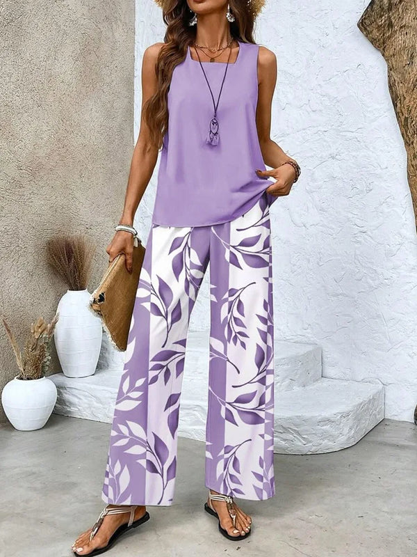 Women Casual 2 Piece Outfit Sleeveless Tank Top + Leaf Print Wide Leg Pants Set Summer Vacation Loungewear